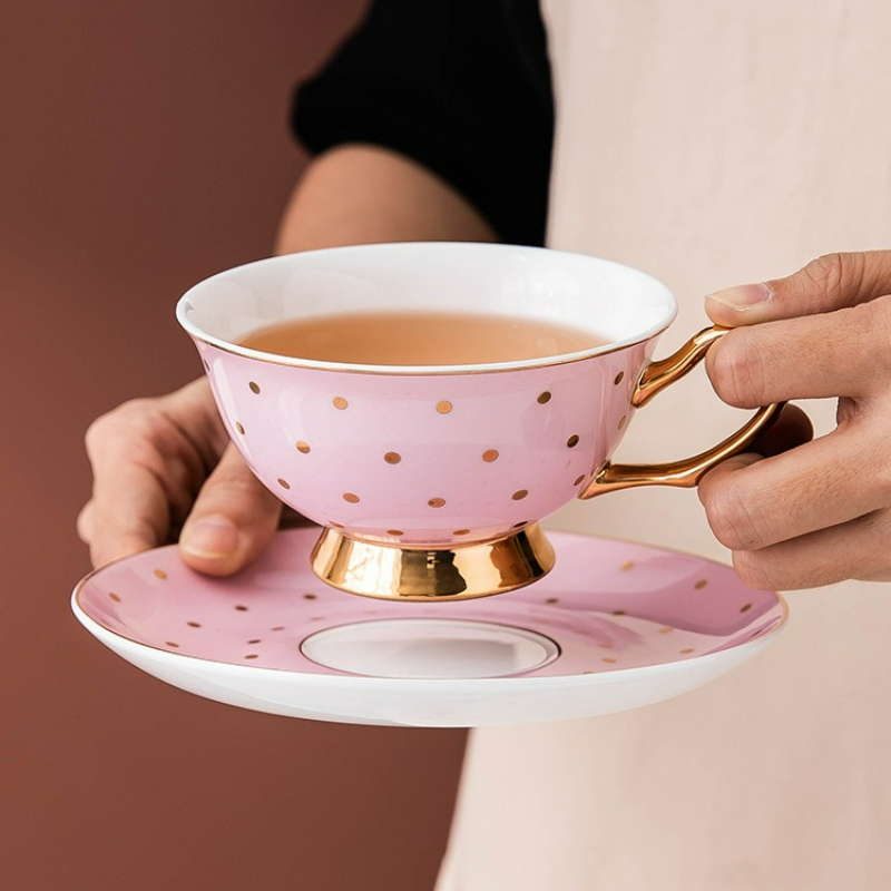 Coffee Tea Set - Ceramic Pink Coffee Mugs with Dish